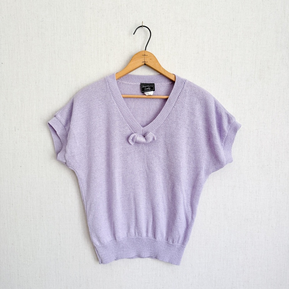 Southern Lady Knit Sweater Vintage Bow V-Neck Short Sleeve M‎ Purple USA D 8577